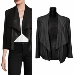 Alice + Olivia Black Lamb Leather Open Blazer Jacket Draped Moto Quiet Luxury M